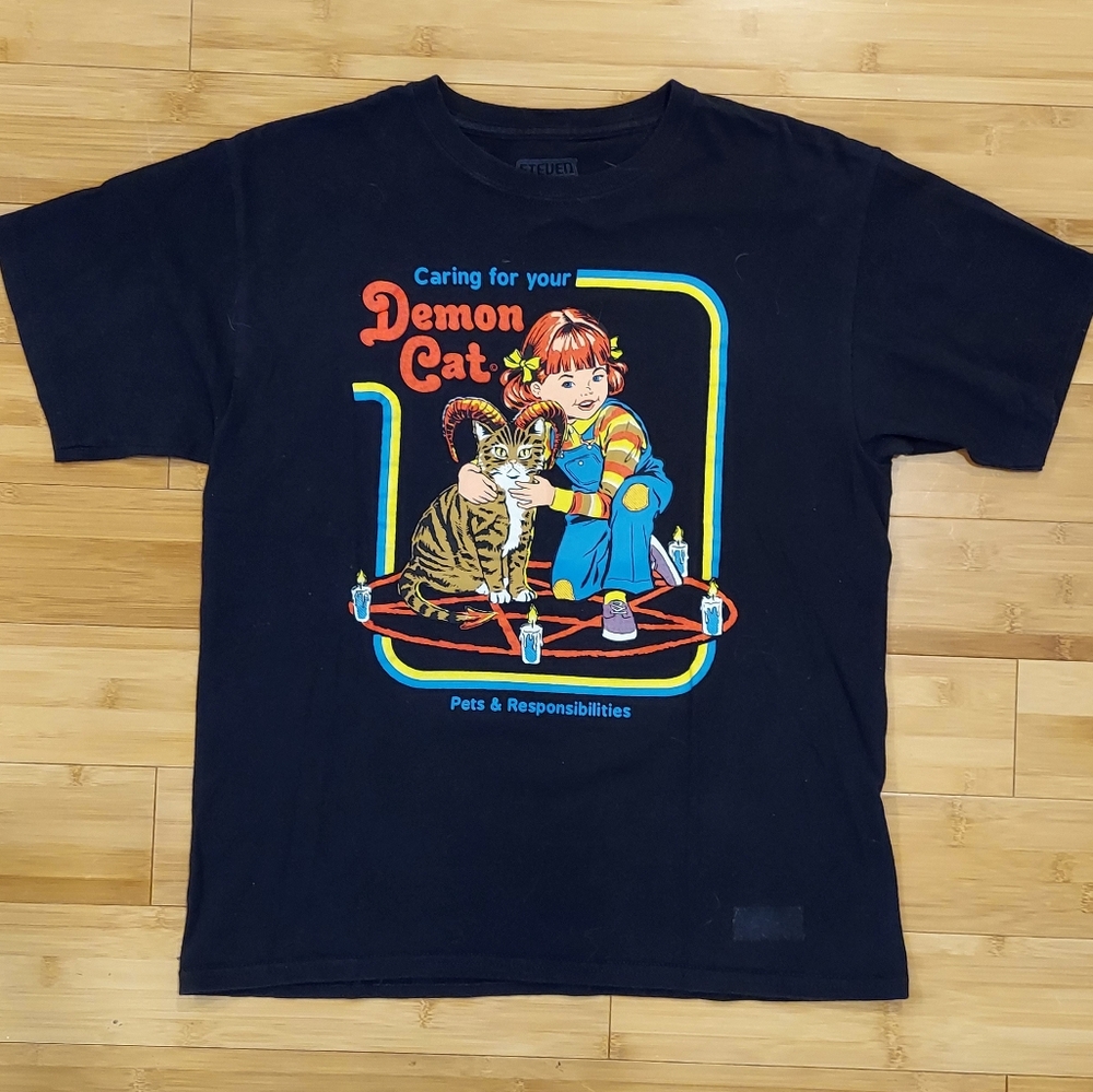 Threadless Steven Rhodes "Caring For Your Demom Cat" Black T-Shirt Size XS